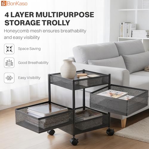 Image of BonKaso 4-Layer Multipurpose Kitchen Trolley with Swivel Storage Basket & 360 Rotating Wheels, Black Steel Frame, Easy Mobility, Space-Saving and Durable