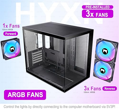 Image of H3 HYXN ATX PC Case - Pre-Installed with 3 ARGB Fans - Compact Dual Cavity Mid-Tower PC Gaming Case - with Type-C 3.2-360mm Radiator Support, Black