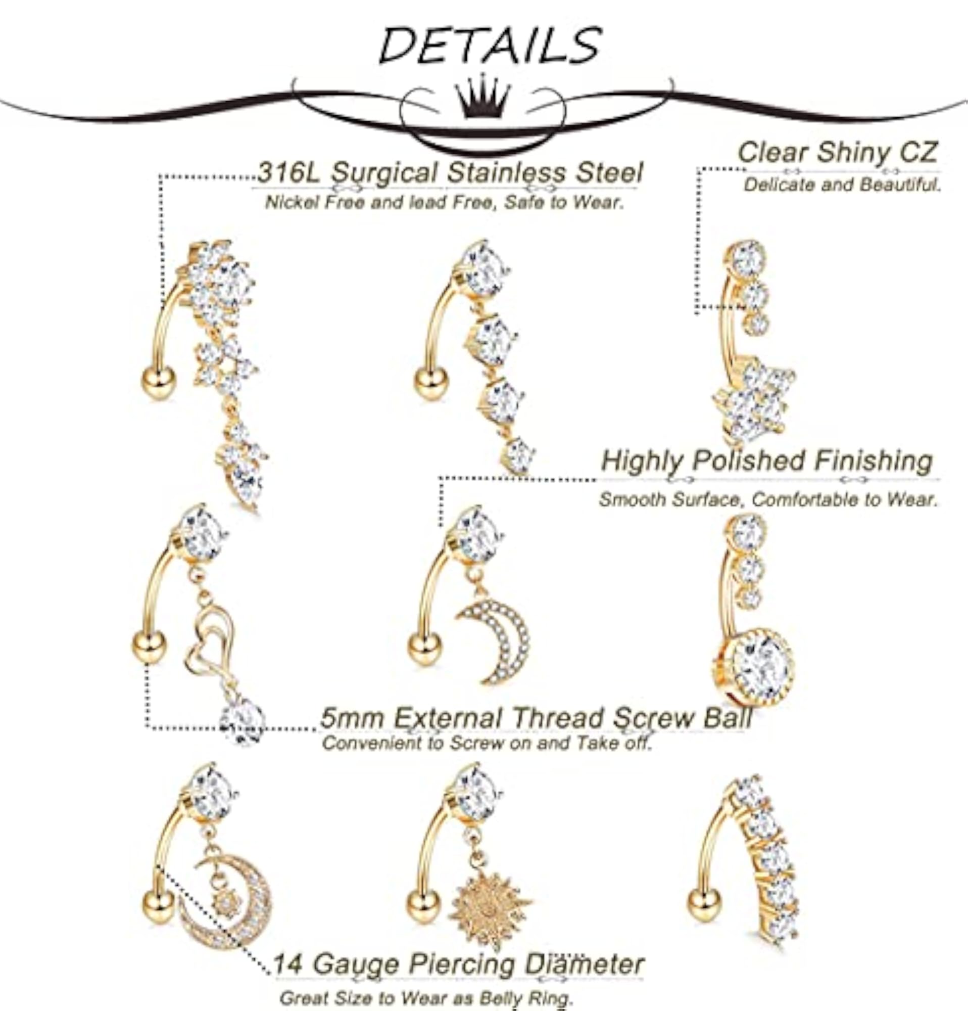 9pc Stainless Steel Dangle Belly Rings Set for Women