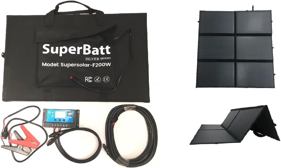 Superbatt F200W 200W Portable Foldable Monocrystalline Solar Panel Smart Solar Battery Charger with Charge Controller for 12V Leisure RV Motorhome Caravan Marine Boat Camping Outdoor