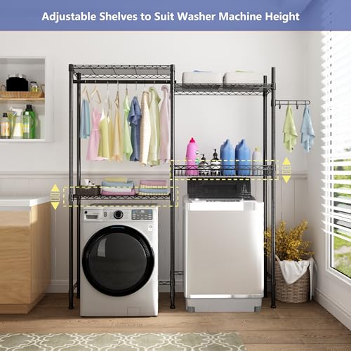 Image of Golpart Over Washer and Dryer Shelves,Laundry Room Storage Organization Clothes Drying Rack,4 Tier Adjustable Height Wire Shelving with Wire Basket,Hanger Rod&Hook,Space Saving Shelf