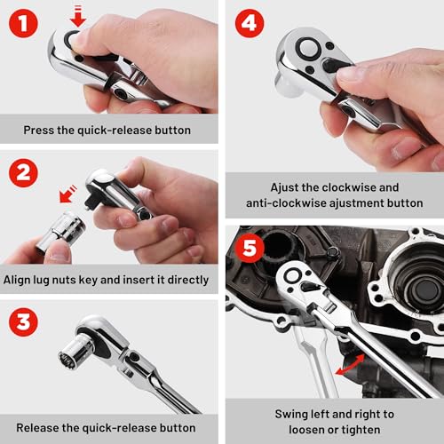 Image of WORKPRO 1 /4 inch Drive Extra Long Flex Head Ratchet, 12 Inch Long CR-V Steel Ratchet Handle with Chromium Plating, CR-MO Head, Quick Release Reversible Design, 72-Tooth