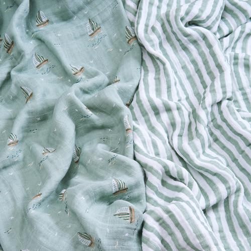 Image of aden + anais Boutique Organic Cotton Muslin Swaddle 2 Pack, Breathable Baby Receiving Blanket, Soft and Lightweight Wrap, Diaper Bag Must Have, Sailing Seas