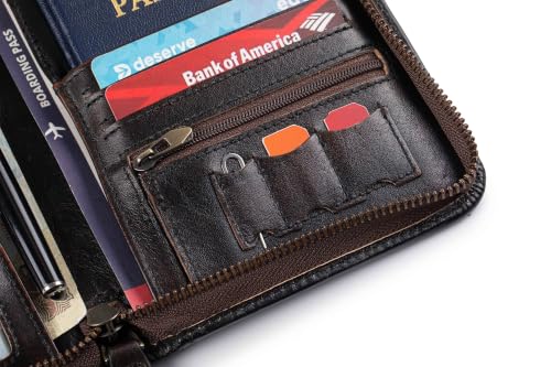 Image of Passport Holder for Travel Family with Strap Genuine Leather RFID Blocking Travel Document Organizer Wallet with Pen Holder, Antiqued