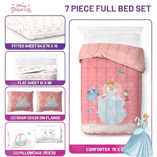Image of Disney Princess Full Size Comforter Set 7 Piece Kids Bedding, Pink | Cinderella, Bed in a Bag, Comforter Sheets Shams Pillowcases, Official Brand, Soft Microfiber, Machine Washable, Girls Gift