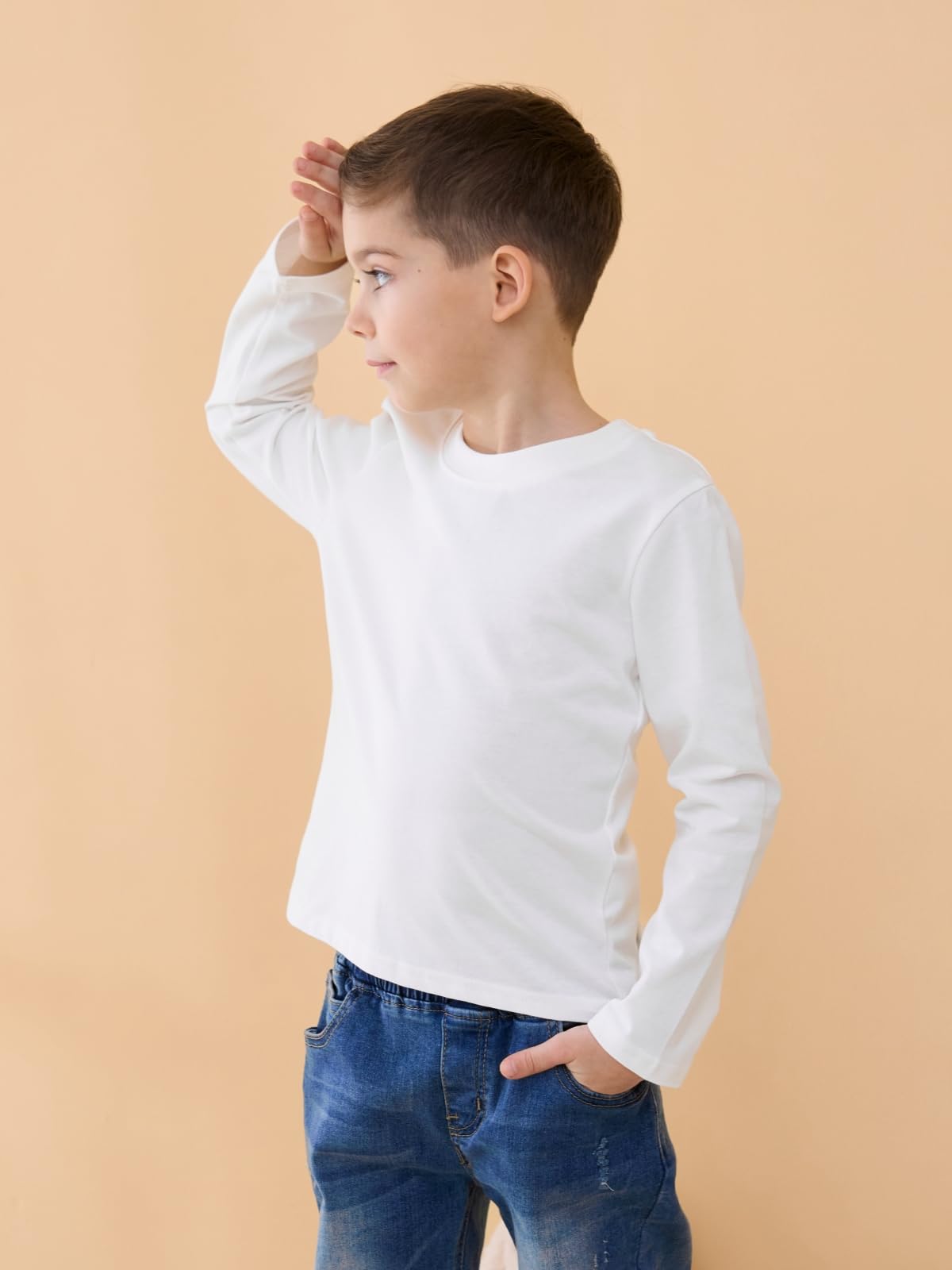 BROWNKNOT Toddler Long Sleeve Shirt Kid Cotton T Shirt Soft Crewneck Tee Top for Boys Solid Color Shirts, 2T-5T (White)