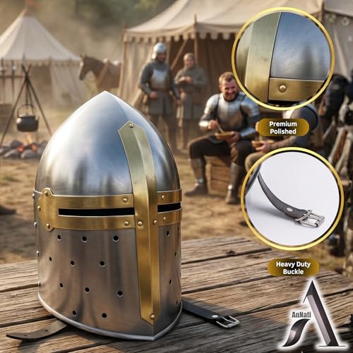 Image of AnNafi Medieval Knight Sugarloaf Armor Helmet with Free Wooden Stand Reenactment Helmet | Cosplay SCA