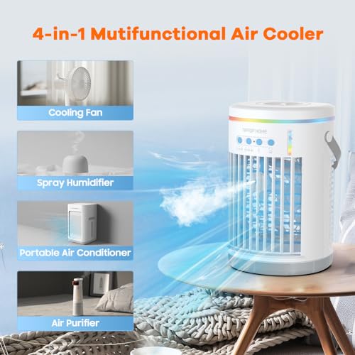 Portable Air Conditioner, 5 in 1 Air Cooler Mini Air Conditioner Fan with Spray & Colorful Night Light, Portable Air Cooler for Home, Office, Travel, Adjustable Wind Speed Spray Mode, 1400ML - Image 4