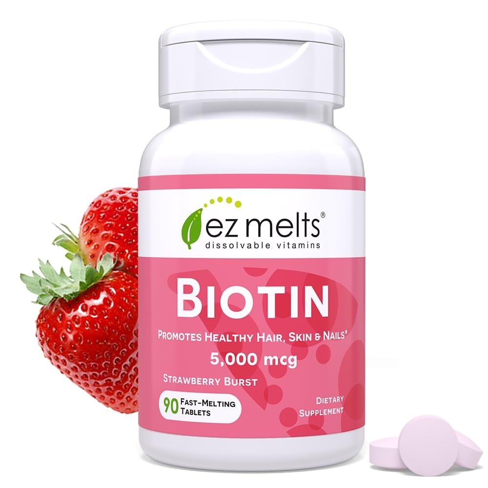 EZ Melts Biotin - Daily Vitamin B7 for Healthy Hair, Skin & Nails - Energy Metabolism Support - No Artificial Flavors - Non-GMO & Vegan - Strawberry Burst - 90 Dissolvable Tablets (90 Servings)