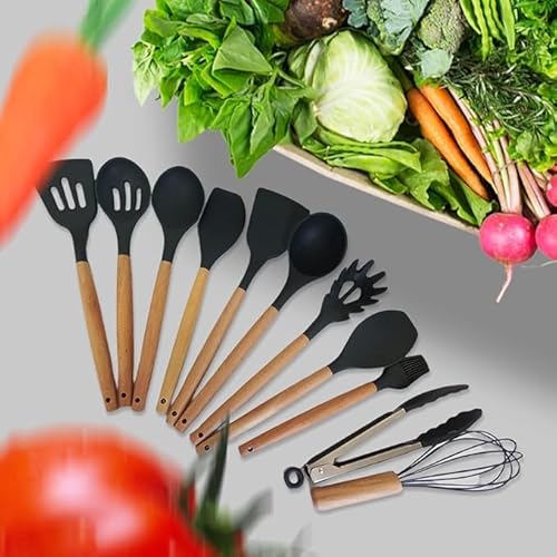 Kit Para Cozinha 13 Peças Utensílios De Silicone Antiaderentes Com Cabos De Madeira e Nylon, Suporta