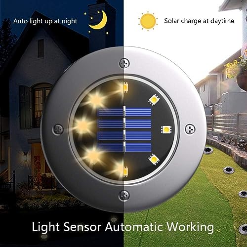 LITVERSE Solar Ground Lights, Solar Disk Lights (8 LEDs /4 Pack) Outdoor Waterproof Solar Garden Lights for Pathway Outdoor in-Ground Lawn Yard Deck Patio Walkway - Warm White