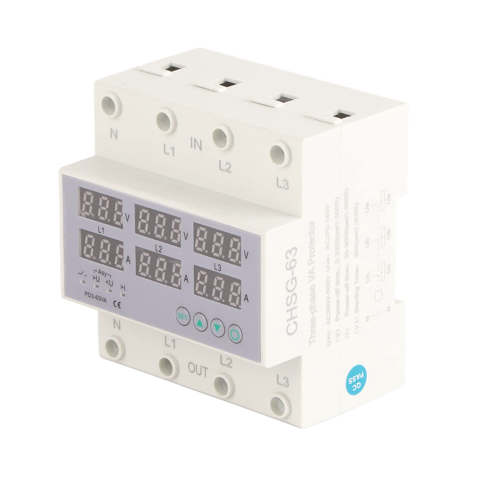 Voltmetro e Amperometro Trifase su Guida DIN con Protezione Sovracorrente e Sovratensione, 390-500 V CA 63A