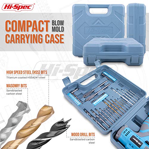 Image of Hi-Spec Cordless Drill Set 50pc 12V Electric Power Driver in a Toolbox Case. Includes Rechargeable Battery, Power Screwdriver Bits, Wood, Metal, and Masonry Drill Bit Set Accessories