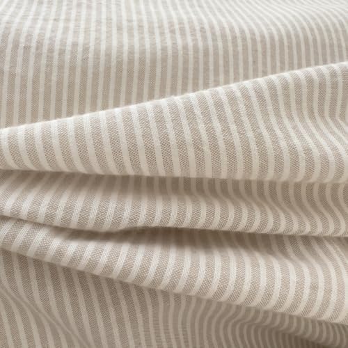 Image of mixinni Tan Striped Duvet Cover Queen Size - 100% Washed Cotton Beige Pinstripe Comforter Cover with Zipper Closure, Lightweight & Breathable, 3 Pieces Minimalist Stripes Pattern Printed Bedding Set