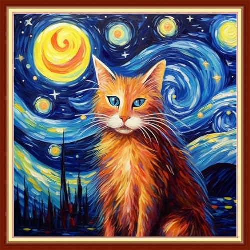 Image of Disxvivy Cross Stitch Stamped Full Embroidery Kits DIY 11CT Cotton Thread Printed DIY Needlepoint Kits Craft Needlework Set Cross-Stitch Stamped Sets-Cat Starry Sky 18x18 inch