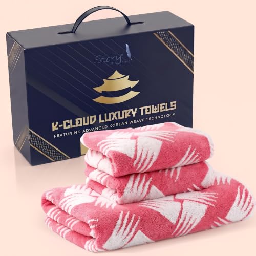 Image of Story@Home K-Cloud Luxury Bath Towel Set for Gifting, 500 GSM, Microfiber Towel Ultra Soft, Quick Dry 3X More Absorbent Than Cotton Towels, 1 Bath Towel & 2 Hand Towels, Gift Box, Set of 3-Pink