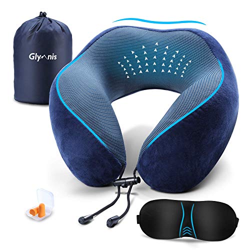 Glymnis Almohada de Viaje Viscoelástica de Espuma de Memoria Almohada Cuello Diseño Ergonómico Cómoda y Lavable para Tren Avión y Oficina con Máscara de Ojos Tapones para los Oídos Azul