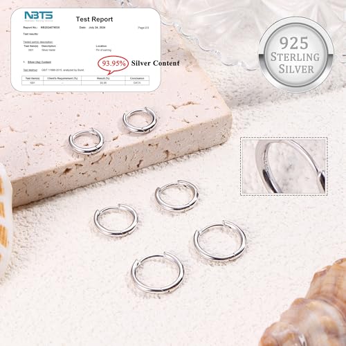 3 Pairs 925 Sterling Silver Hoop Earrings for Women Men Lightweight Small Helix Cartilage Hinged Hoop Earrings 18K White Gold Plated Huggie Hoop Earrings Set 6mm 8mm 10mm 12mm 6