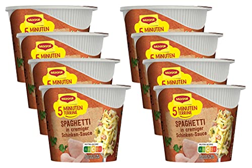 MAGGI 5 Minuten Terrine Spaghetti in cremiger Schinkensauce, leckeres Fertiggericht, Instant-Nudeln, Eiernudeln mit…