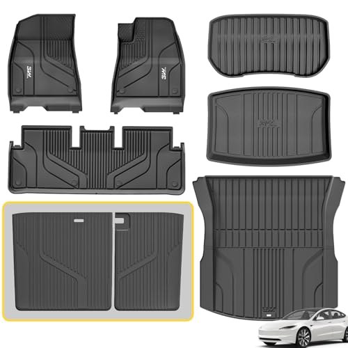 3W Floor Mats & Boot Liners & Seats Back Cover Fit for Tesla Model 3 2024 2025 2026 Highland TPE All Weather Full Set Car liners and Cargo Mats Dog Friendly Tesla Model 3 Accessories (8PCS)