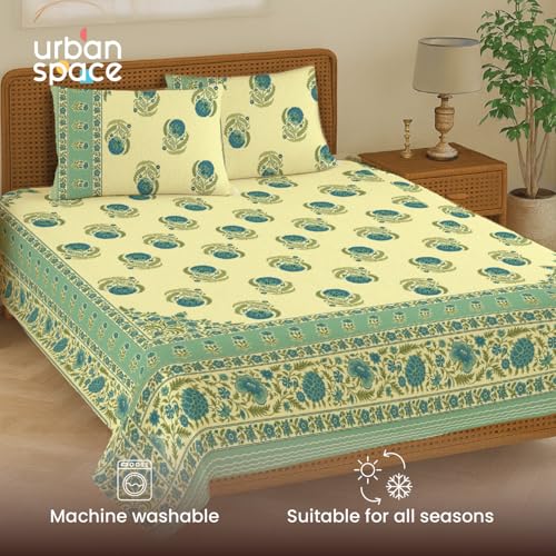 Image of Urban Space 100% Cotton Handcrafted Premium Printed Double Size Bedsheet with 2 Pillow Covers, 240 TC Cotton Double Bedsheet (90 x 100 Inches, Chaandbali Sage Green)