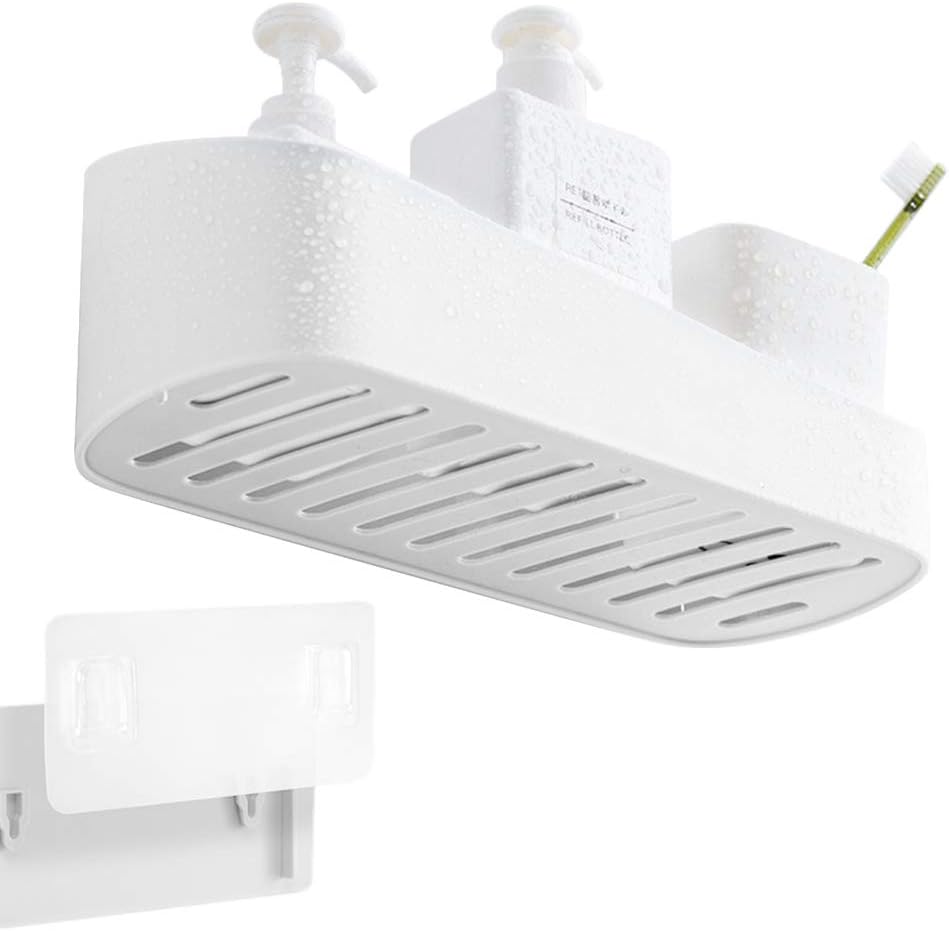 Bathroom Shelf, Adhesive Shower Caddy No Drilling Wall Mounted Plastic Organizer for Storage, Ivory White with Adhesive Pad