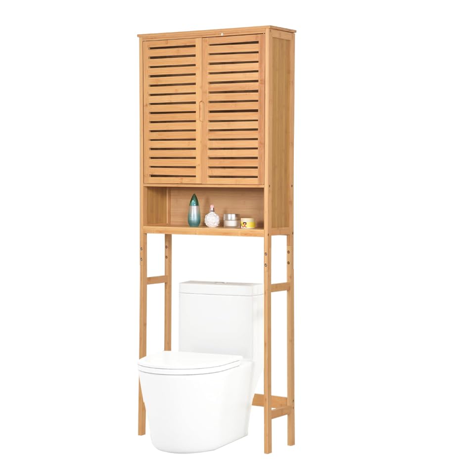 EUGAD Wasmachinekast, Bamboe Badkamerrek Met 2 Deuren, 5 Vakken, Plank Boven Wasmachine Toilet, Staand, 66 x 175 x 25 cm