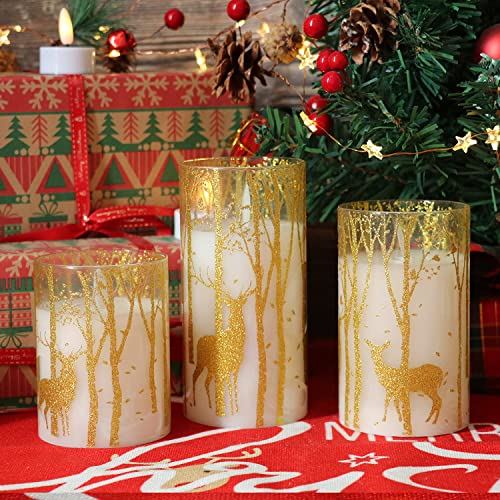 Image of GenSwin Glass Flameless Candles with Elk Decor and Remote Timers, Battery Operated Moving Wick Led Flickering Light, Set of 3 Real Wax Pillar Candles for Christmas Home Decoration