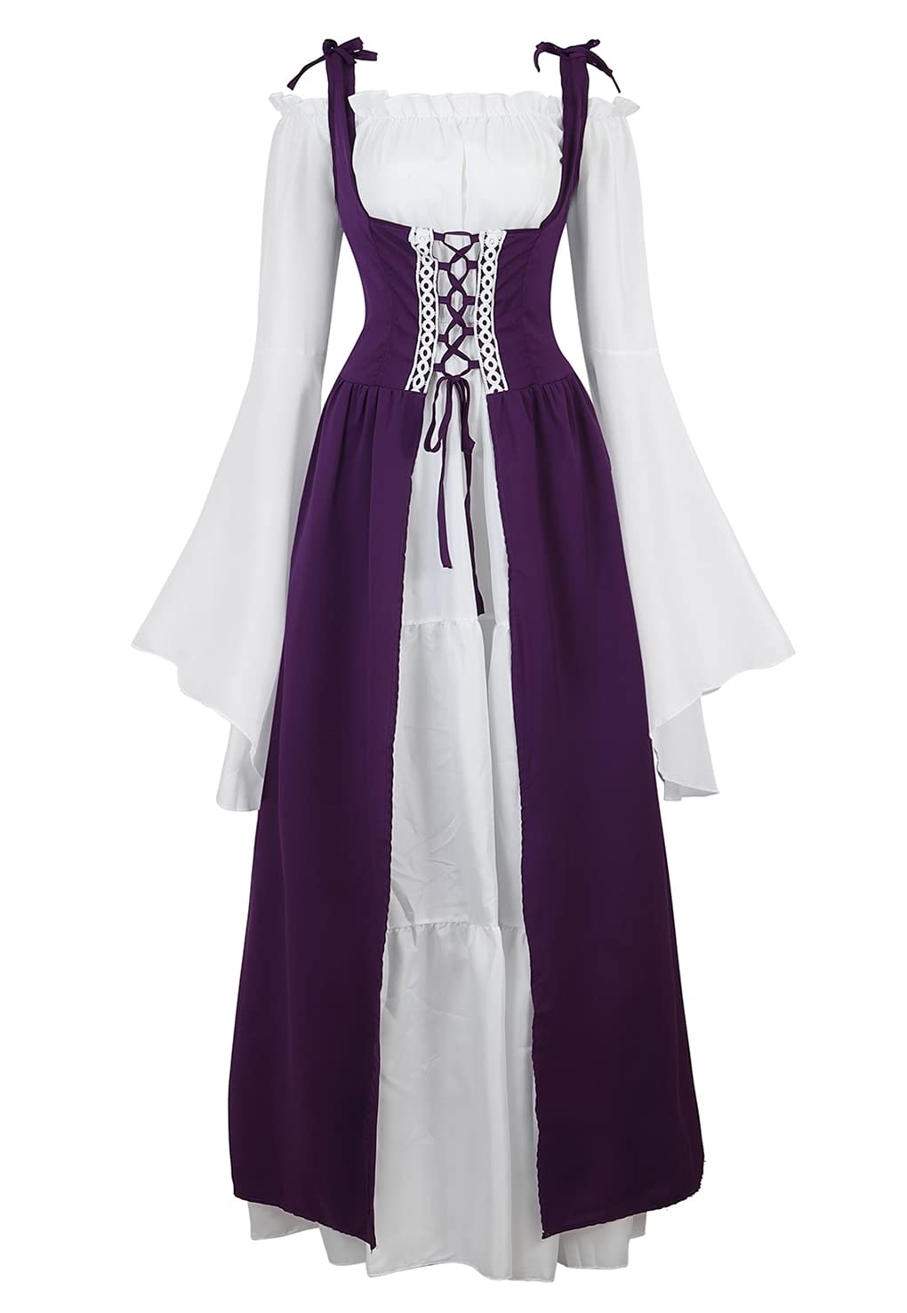 Womens Renaissance Dress Costume with Bell Sleeves and Lace Up Front
