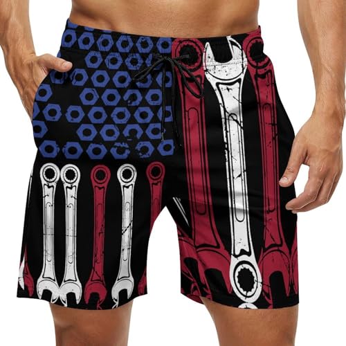 Funny Wrench USA Flag Mens Swim Trunks with Mesh Liner Quick Dry Beach Shorts Funny Swimwear with Pockets