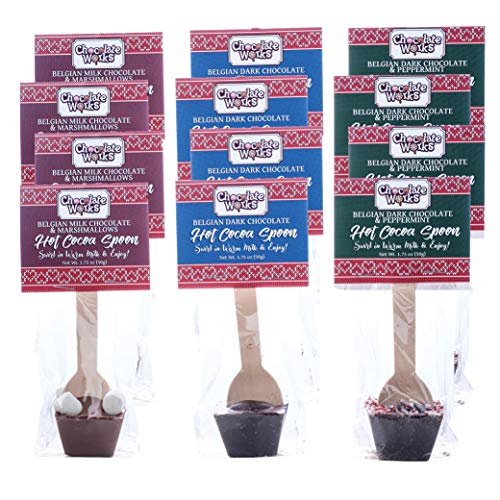 Hot Chocolate Spoons by Chocolate Works | Flavor Variety Pack - Belgian Dark Chocolate, Milk Chocolate & Marshmallows, Peppermint| Cocoa Bomb for Hot Chocolate | Kosher Dairy