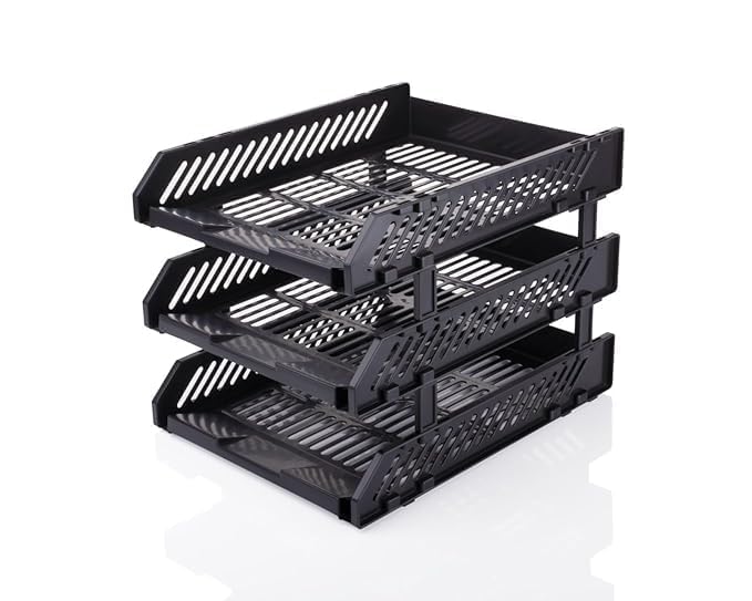 Image of File Tray Rack ABS Plastics | Foldable Office Desk Accessories | Durable & Sturdy | Easy Assembly | Efficient Organizer | Plastic Office Stationery Files Layer Rack -3LAYER (Black) (3)