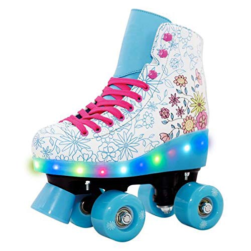 Patins 4 Rodas Flores Botas Abec7 Com Luz Led Crianca Infantil (DMR5454)