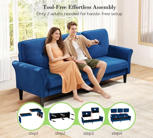 Image of Loveseat Sofa, 83 inch Love Seat Couches, Comfy Velvet Small Couch for Bedroom, Tool-Free Setup Small Couches for Living Room, Modern Sofas for Living Room, 750lbs Load Sofas & Couches, Blue Couch