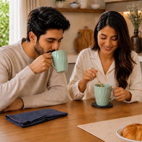 Image of The Earth Store Green Artisan Wave Coffee Mug with Lid and Spoon Set of 2 | 340ML Ceramic Coffee Mugs Set of 2 | Resin Art Wooden Lid & Golden Spoon | Premium Coffee Mugs for Gift