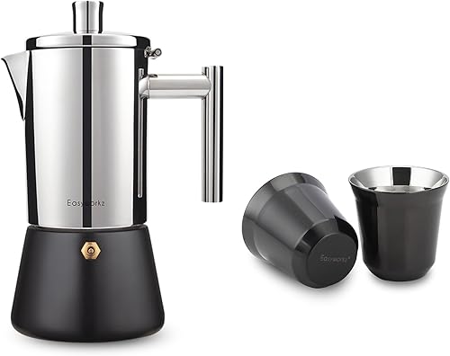 Easyworkz Diego - Máquina de café expreso para estufas, con taza de café expreso de acero inoxidable, juego de 2 tazas de metal con aislamiento de