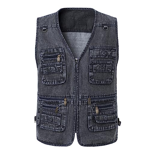 Men Denim Vest Outdoor Casual Work Jackets Multi Pocket Sleeveless Jackets Travel Photo Fishing Hiking Vests Outwear