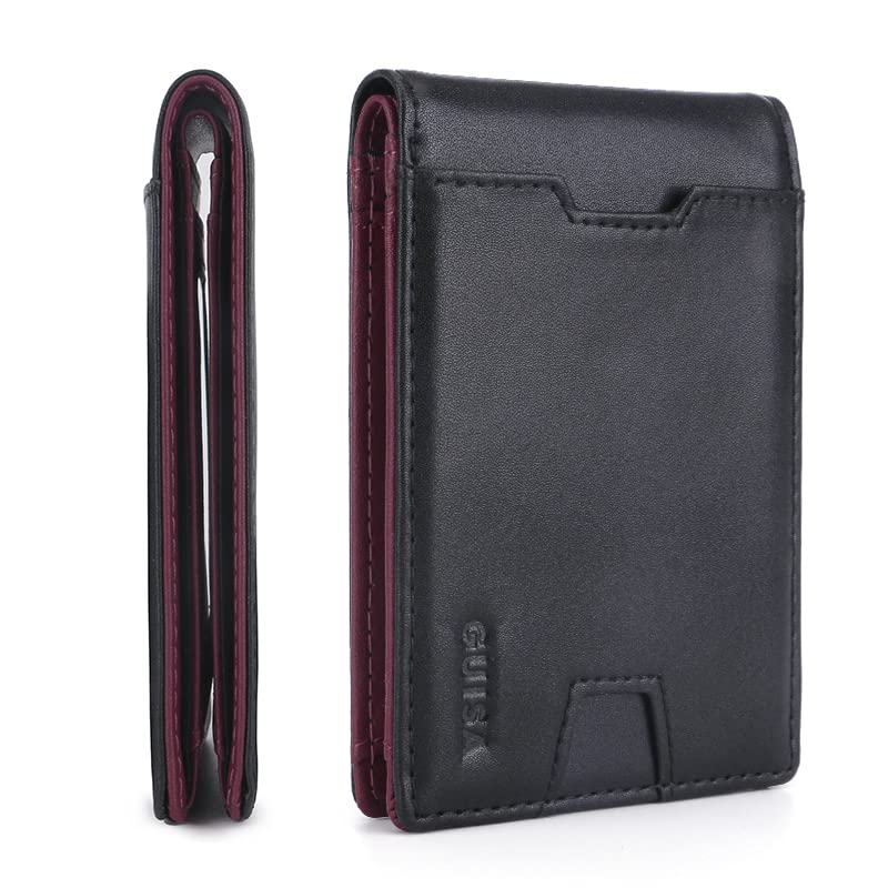 GUISA Conquer - Men's Slim Wallet with Money Pocket - RFID Blocking - Bifold Credit Card Holder for Men with Gift Box Modern Luxury, Sleek, Minimalist Design, Raven Black & Ruby Red, Minimalist Wallet