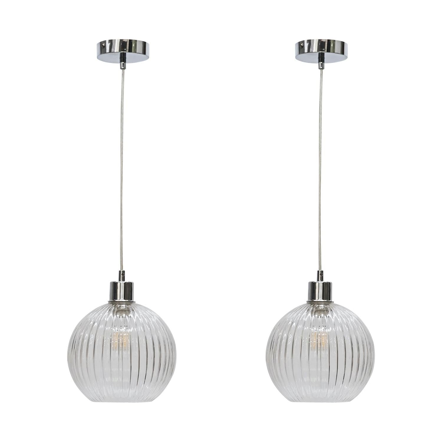 Set of 2 Betchley Clear Ribbed Glass Globe Pendant Light with Chrome Fittings