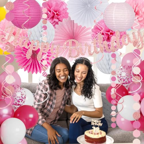 Image of Pink White Birthday Decorations Women Girls, Happy Banner, Paper Lanterns Honeycomb, Tissue Flowers Pom Poms Fan, Light Pink Latex Balloon Pink Confetti Balloons for Birthday Party Decor