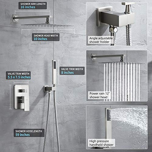 ESNBIA Shower System Brushed Nickel,10 Inches Shower Faucets Sets Complete (Shower Valve Included) Rain Shower Head Systems Wall Mounted Shower Combo Set for Bathroom All Metal