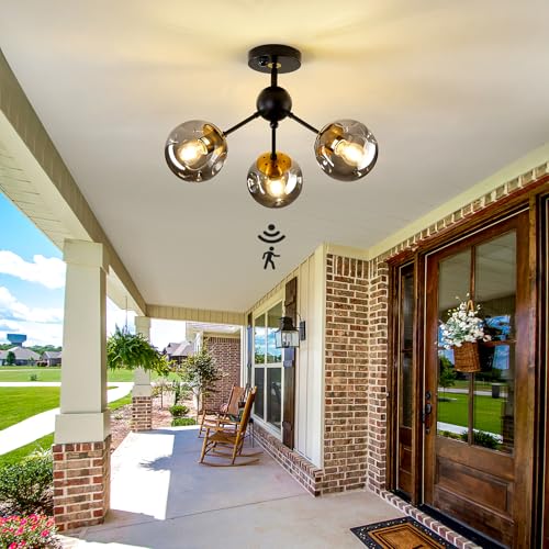 Image of Motion Sensor Light Indoor 3-Light Vintage Semi Flush Mount Ceiling Light Fixture with Glass Globe Black Chandelier for Closet Hallway Stairway Porch Entryway