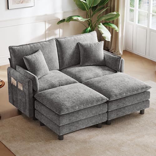 Image of LINSY HOME 65'' Modular Sectional Sofa Love Seat Couch Chenille Cloud Couch with Deep Seat, Modern Comfy Love Seat with 2 Movable Ottoman for Living Room, Office, Bedroom, Grey(Pillows Included)
