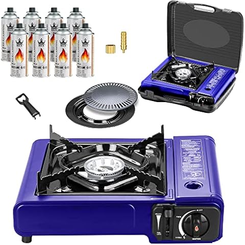 Mianova Campingkocher Outdoor Gaskocher BBQ Anzünder Grill Notfallkocher Gaskartuschen Gas Kocher Herd 1 flammig Set Blau Grillplatte 8 Gasflaschen Kartuschen Cover