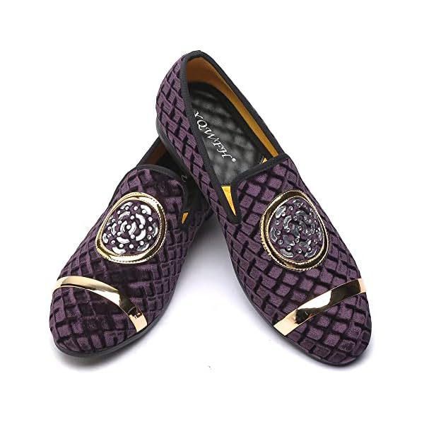 XQWFH Mens Rhinestone Loafers Velvet Tuxedo Dress Shoes with Gold Plate Smoking Slippers Slip-On Penny Party Wedding Casual Shoes, Purple, 12