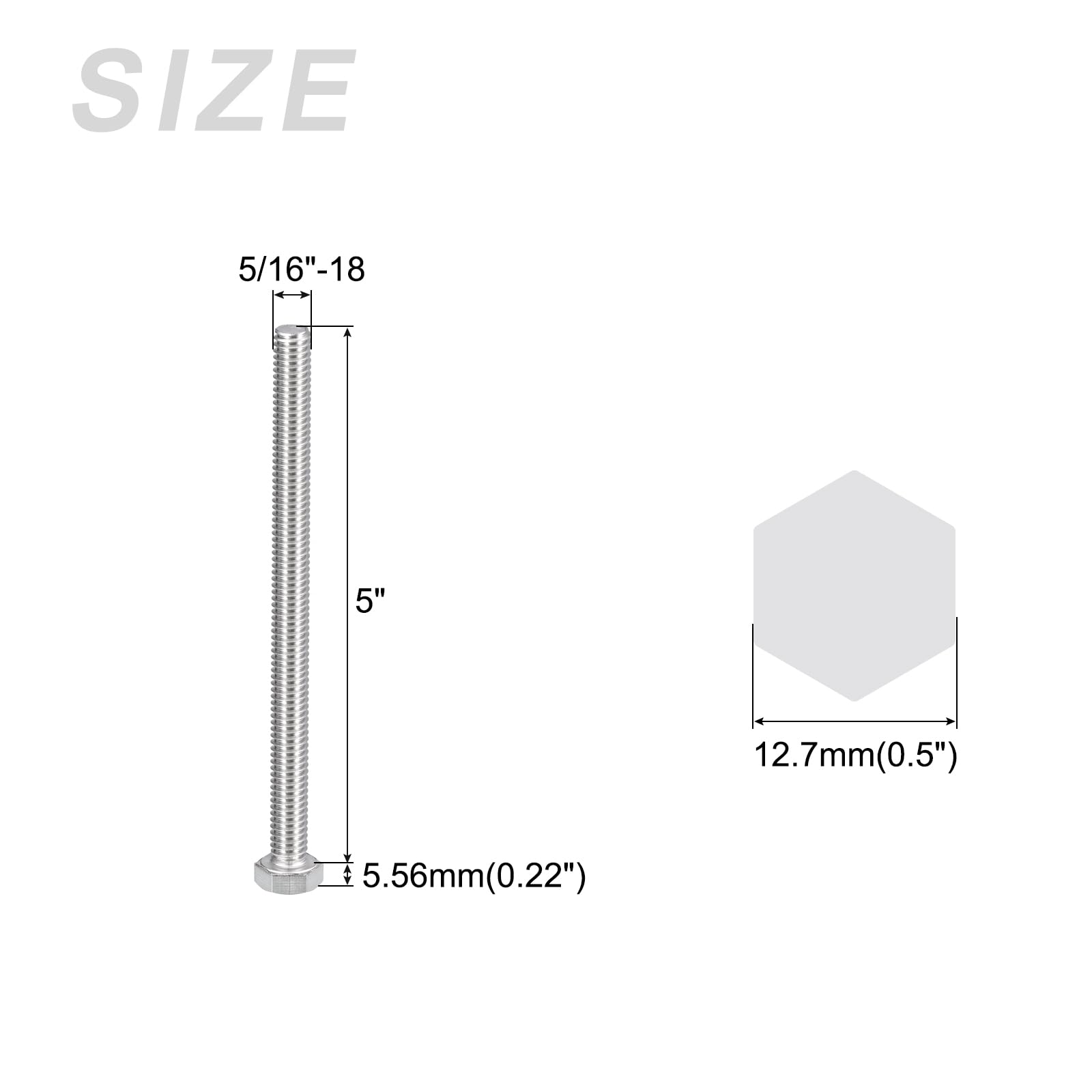 METALLIXITY Hex Head Bolts (5/16-18 x 5") 8Pcs, 304 Stainless Steel 18-8, Fully Threaded, External Hex Drive, Plain Finish - Image 2