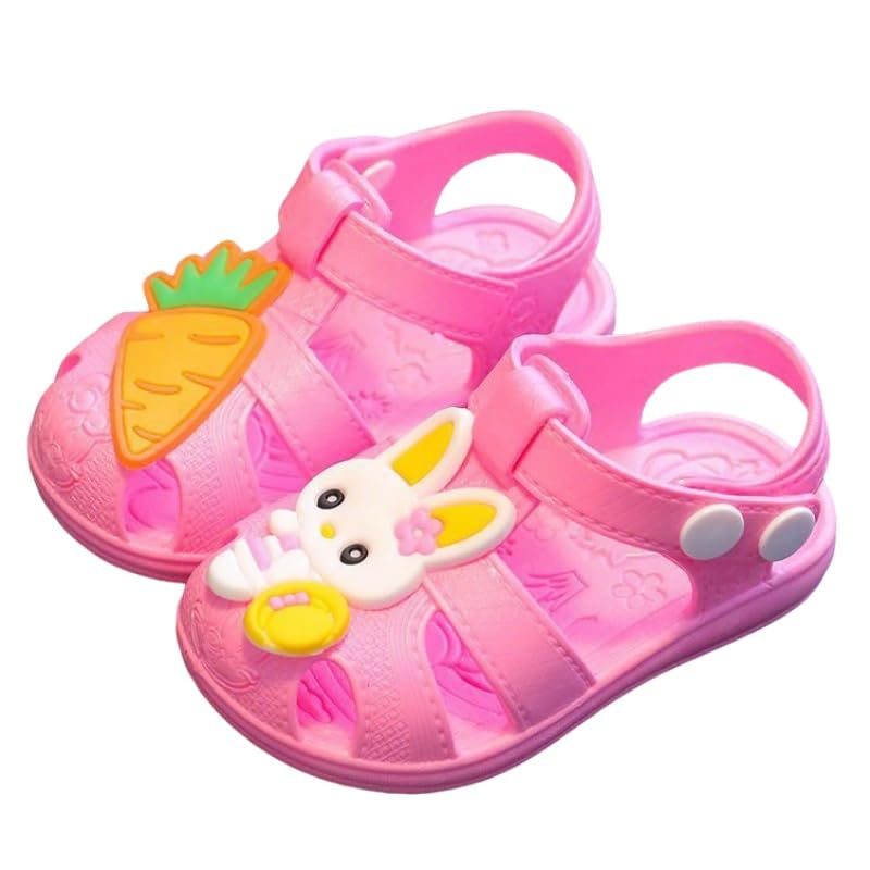 Toddler Bunny Sandals, Pink Summer Clogs with Carrot Charm, Water-Resistant, Adjustable Strap, 0-12 Months