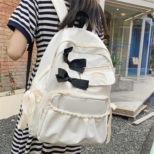 Mochila elegante de nailon blanco para mujer con lazos sutiles 2