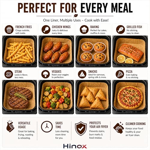 Image of HINOX Air Fryer Paper Liners Square Disposable, Non Stick Oil Proof Parchment Sheets, Heat Resistant Food Grade Baking Paper for Cooking & Frying (100 Sheets)