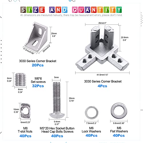 Glarks 216Pcs 3030 Series Aluminum Profile Connector Set Include 20Pcs 3030 Corner Bracket, 40Pcs M6 T Nuts - Image 2